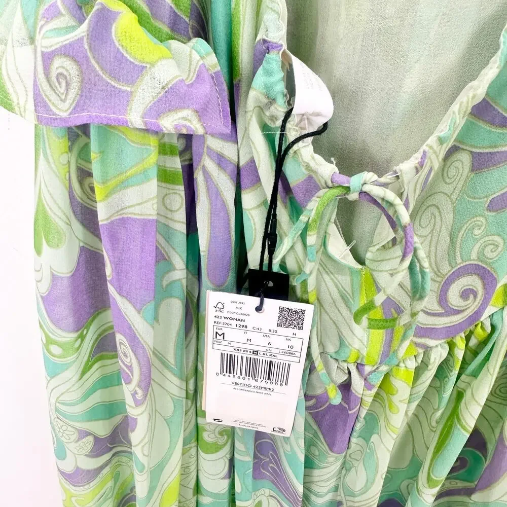 Mango Maxi Dress Chiffon Printed Ruffle Resort Boho Green A Line Medium NWT - Picture 13 of 16